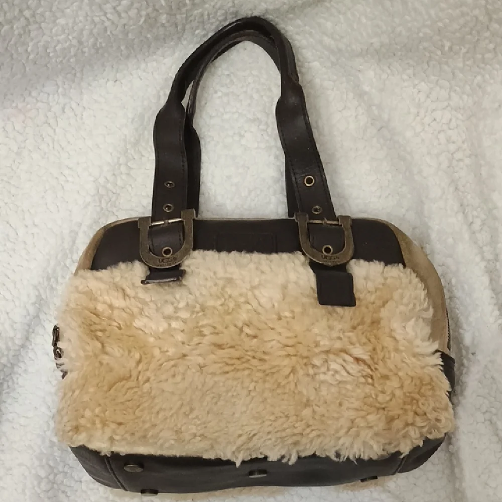 UGG Brown Leather and Cream Shearling Tote Bag